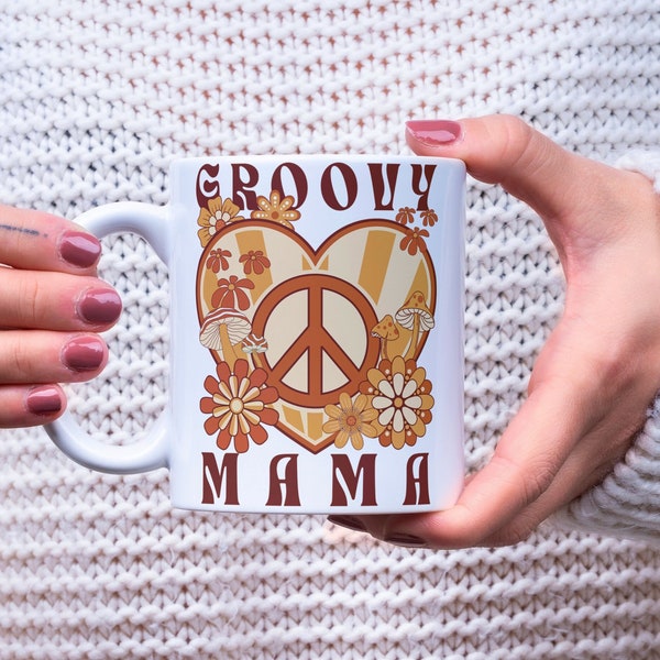 Groovy Mama Coffee Mug, Retro 1970s Coffee Cup, Hippie Mama Mother's Day Gift, Neutral Peace Sign Flower Power Coffee Mug for Trippy Mama