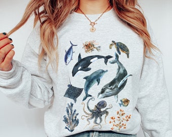 Marine Life Conservation Sweater, Ocean Lovers Sweatshirt, Oceanographer Gift, Painted Humpback, Orca, Stingray, Octopus and Dolphin Sweater