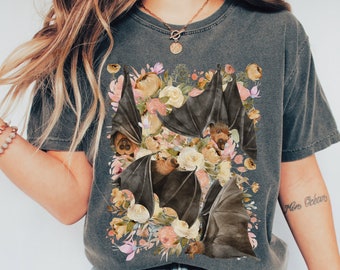 Floral Painted Bat Comfort Colors Shirt, Cottagecore Noir Vintage Flowers Animal Lover Tee, Whimsigoth Wildlife Goblincore Spooky Gift Idea