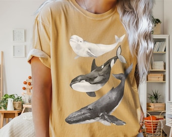 Comfort Colors Painted Whales Shirt, Conservation Oceanographer TShirt, Watercolor Orca, Humpback Whale and Beluga Whale Shirt, Aquarium Tee