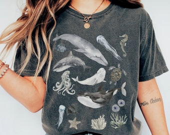 Painted Marine Animals Conservation Shirt, Comfort Colors Shirt, Watercolor Aquatic Nature Tee, Whale Lover T Shirt, Shark Oceancore Gift