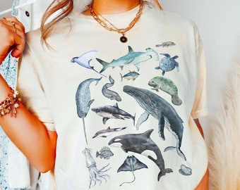 Painted Marine Animals Shirt, Comfort Colors Shirt, Watercolor Aquatic Nature Tee, Conservation T Shirt, Oceancore Gift, Whale Lover Tee