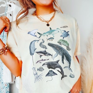 Painted Marine Animals Shirt, Comfort Colors Shirt, Watercolor Aquatic Nature Tee, Conservation T Shirt, Oceancore Gift, Whale Lover Tee