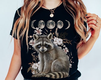 Painted Raccoon Moon Phase and Floral Bella and Canvas Shirt, Celestial Cottagecore Noir Racoon Lover Whimsigoth Street Cat Forestcore Gifts