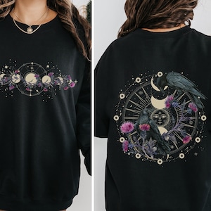 Celestial Raven & Thistle Sweatshirt: Whimsigoth Crowcore Design