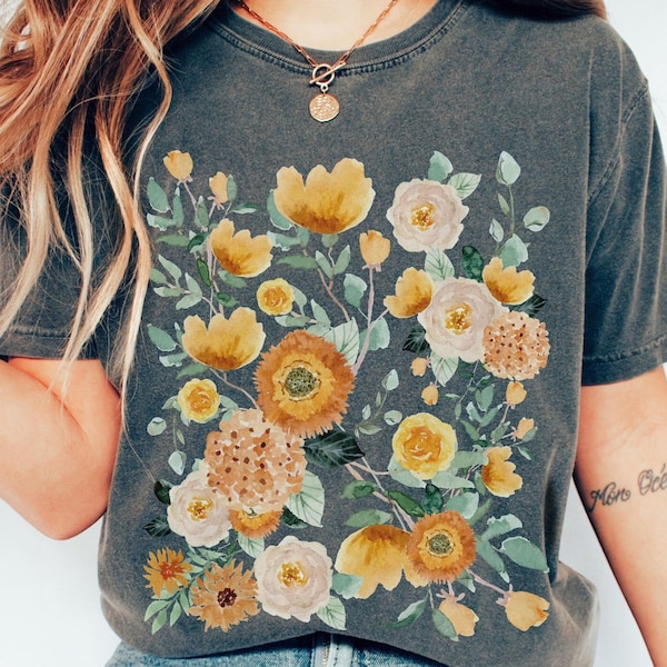 Yellow Wildflower Shirt, Watercolor Painted Cottagecore Nature Lover Floral Garment Dyed Tee, Artsy Fairycore Granola Girl Botanical Gift