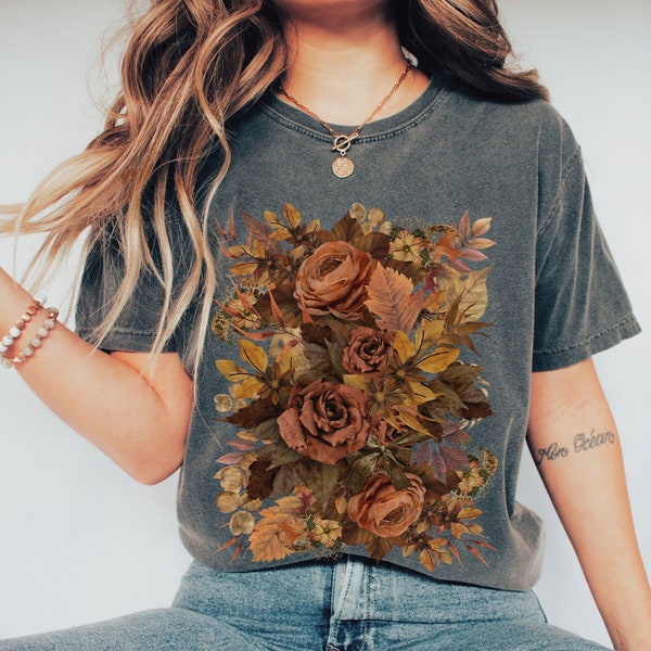 Fall Floral Roses and Leaves Comfort Colors Shirt, Cottagecore Noir Autumn Leaves Nature Lover Tee, Whimsigoth Forestcore Dark Academia Gift