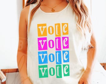 Comfortabele kleuren Kleurrijke 'Vote Vote Vote'-tanktop: leuke punk-maximalist midterms-stemtanktop