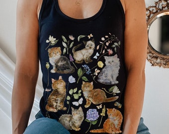 Cottagecore Cat Tank Top, Cat Lover Botanical Pressed Flowers Floral Butterfly Wildflowers Tank Top, Artsy Fairycore Cat Parent Gift Idea