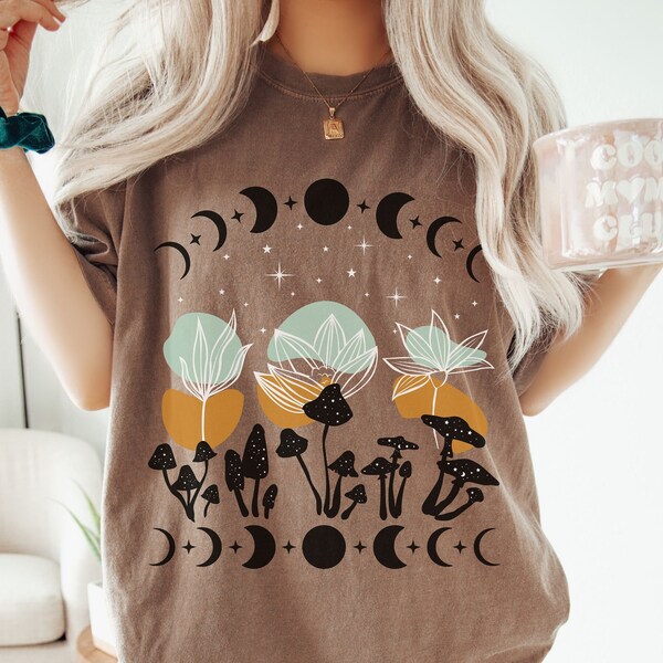 Comfort Colors Mystical Mushroom Shirt, Moon Phase Abstract Boho Floral and Celestial  Tee, Artsy Mushroom Fungi Lover Forager Gift Idea