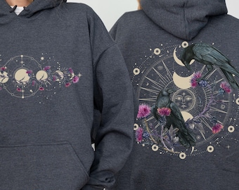 Celestial Raven Moon Phase Hoodie: Whimsigoth Thistle Sweatshirt