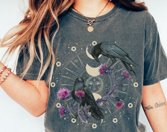Celestial Ravens and Thistles Comfort Colors Shirt, Bird Lover Moon Phase Floral Gift, Whimsigoth Mystic Mama Witchy Crowcore Gift Idea