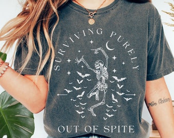 Surviving Purely out of Spite Comfort Colors Shirt, Funny Goth Celestial Skeleton and Bats Shirt, Bat Lover Gothic Boho Garment Dyed T-Shirt