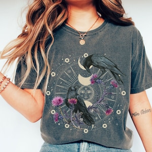 Celestial Ravens and Thistles Comfort Colors Shirt, Bird Lover Moon Phase Floral Gift, Whimsigoth Mystic Mama Witchy Crowcore Gift Idea