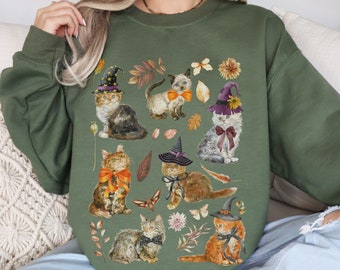 Witchy Kittens Sweatshirt: Cottagecore Halloween Cats, Botanical Fall Leaves