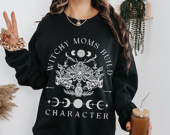 Witchy Moms Build Character Sweater, Goth Aesthetic Mystical Mama Death Moth Lover Gift Idea, Witchy Mama Mother's Day Gift for Spooky Mom