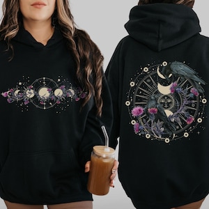 Celestial Ravens and Thistles Hooded Sweater, Moon Phase Whimsigoth Crow Hoodie, Spiritual Bird Lover Dark Academia Gift for Mystical Mama