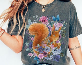 Painted Floral Squirrel Comfort Colors Shirt, Artsy Squirrel Lover Gift, Cute Colorful Floral Wildlife Tee, Cute Animal Practical Gift Idea