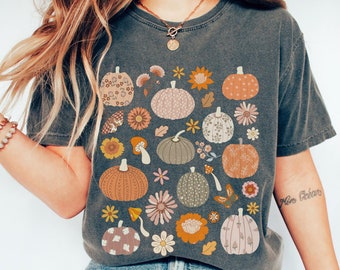 Camiseta de calabaza con dibujos animados de Comfort Colors: camiseta floral retro de otoño