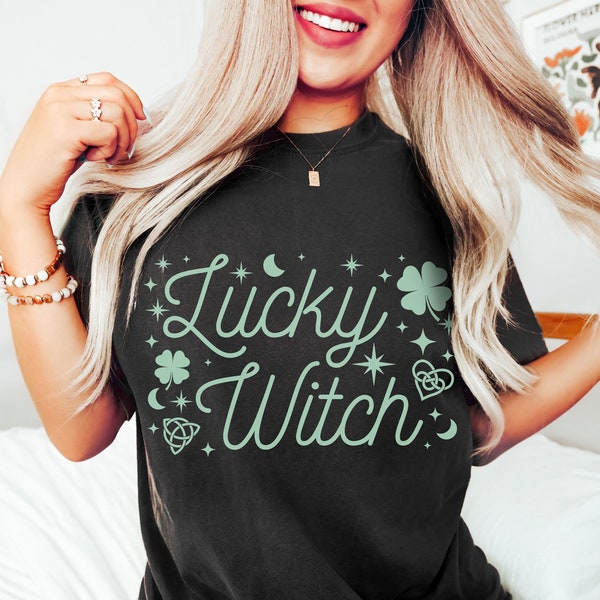 Chemise sorcière porte-bonheur couleurs confort, chemise sorcière de la Saint-Patrick, jolie idée cadeau sorcière pour la Saint-Patrick, t-shirt drôle Whimsigoth de la Saint-Patrick