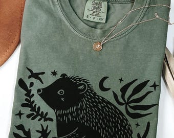 Comfort Colors Dark Boho Hedgehog Shirt : Folk Linocut Style Woodland Animal Lover Gift