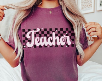 Comfort Colors Checkered Teacher Shirt, Trendy Retro Checkered Teacher Shirt, Garment Dyed Teacher Gift Idea for New Teacher