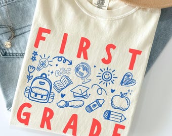 Comfort Colors 'First Grade' Teacher Shirt : Cute Doodles Elementary Teacher Tee