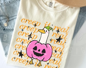 Comfort Colors 'Creep It Real' Pink Pumpkin Goose Shirt : Cute Cartoon Halloween Tee