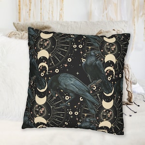 Celestial Ravens Throw Pillow Case, Whimsigoth Ravens Pillow Cover, Gothic Bird Lover Housewarming Gift for Mystical Goth Bird Lover