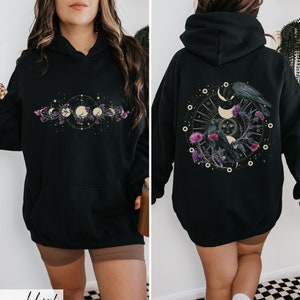 Celestial Ravens and Thistles Hooded Sweater, Moon Phase Whimsigoth Crow Hoodie, Spiritual Bird Lover Dark Academia Gift for Mystical Mama