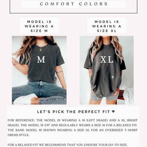 May include: A Comfort Colors size guide featuring two images of a charcoal grey t-shirt. The left image shows a size M, and the right image shows a size XL. Text includes 'Size Guide', 'Comfort Colors', 'Model is wearing a size M', and 'Model is wearing a size XL'.