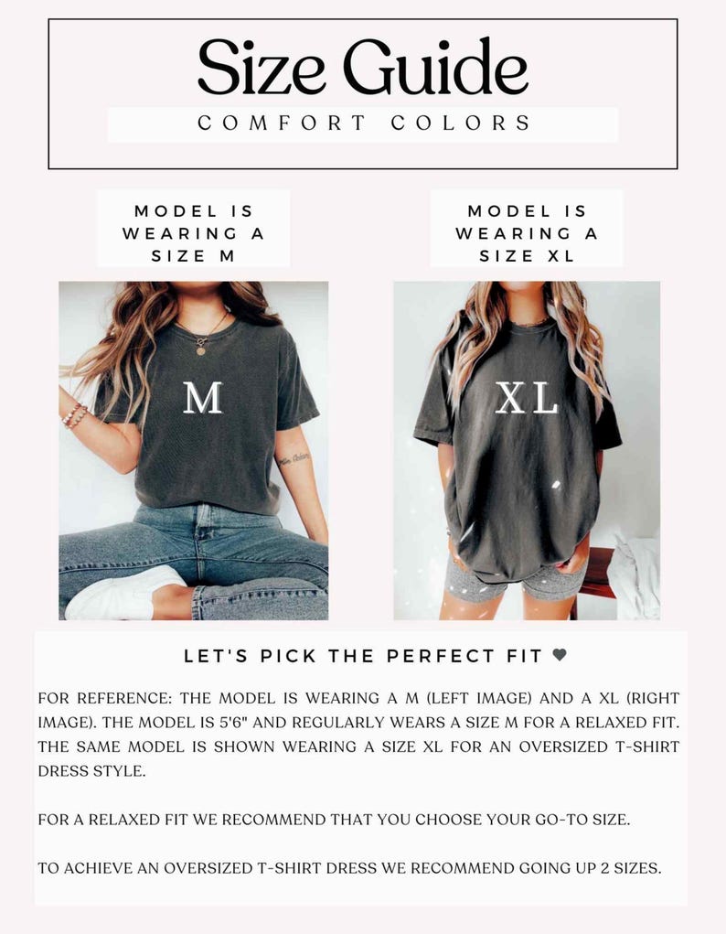 May include: A Comfort Colors size guide featuring two images of a charcoal grey t-shirt. The left image shows a size M, and the right image shows a size XL. Text includes 'Size Guide', 'Comfort Colors', 'Model is wearing a size M', and 'Model is wearing a size XL'.