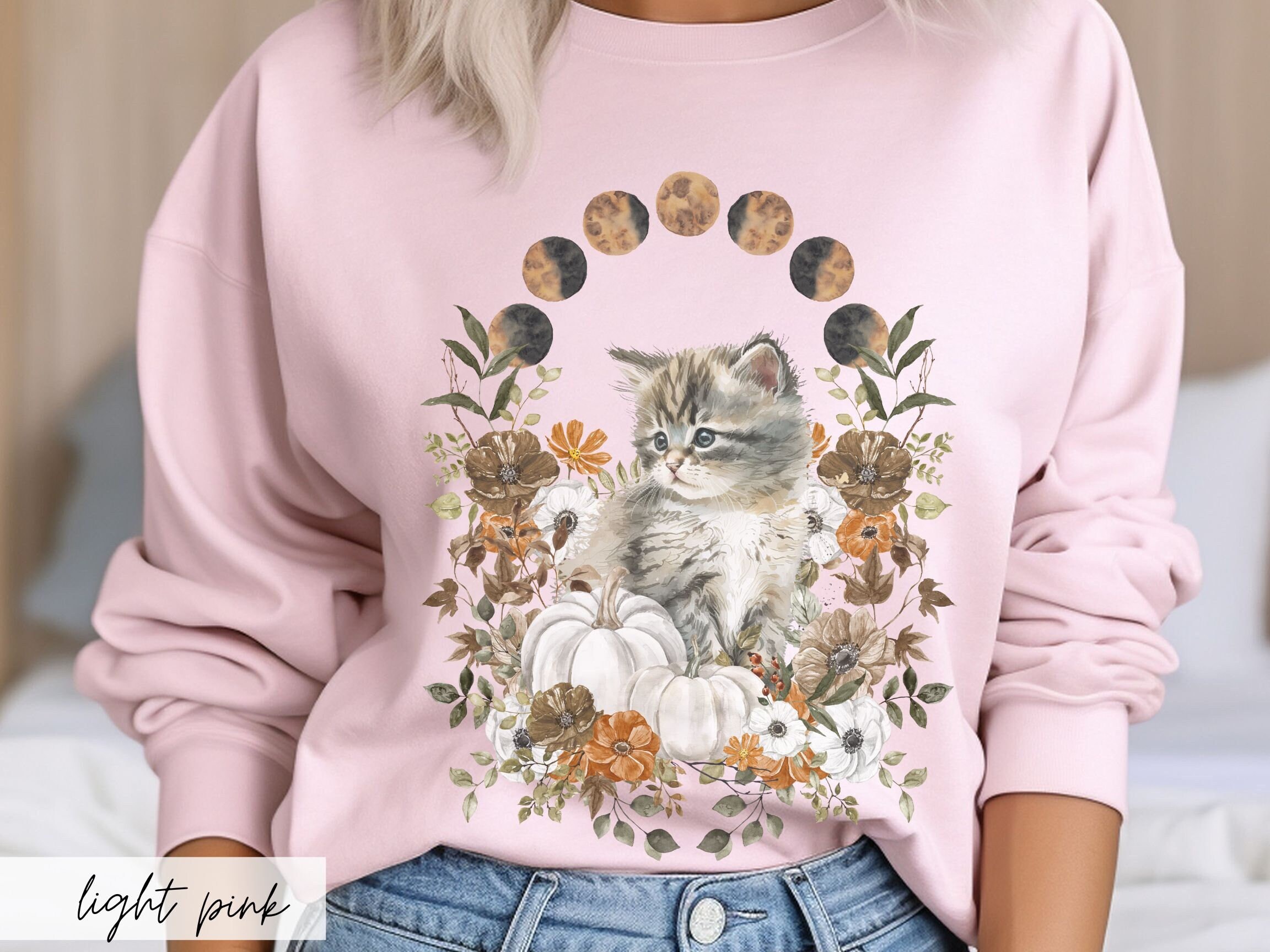 vintage cat × fish × flower sweat Fall Kitten Sweatshirt: Celestial Moon Phase Cat Lover Gift