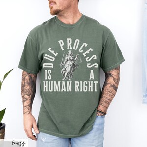 May include: A green t-shirt with a vintage-style graphic of a woman holding a sword and scales. The text on the shirt reads "Due Process Is A Human Right."