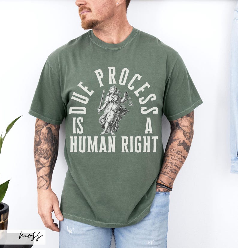 May include: A green t-shirt with a vintage-style graphic of a woman holding a sword and scales. The text on the shirt reads "Due Process Is A Human Right."