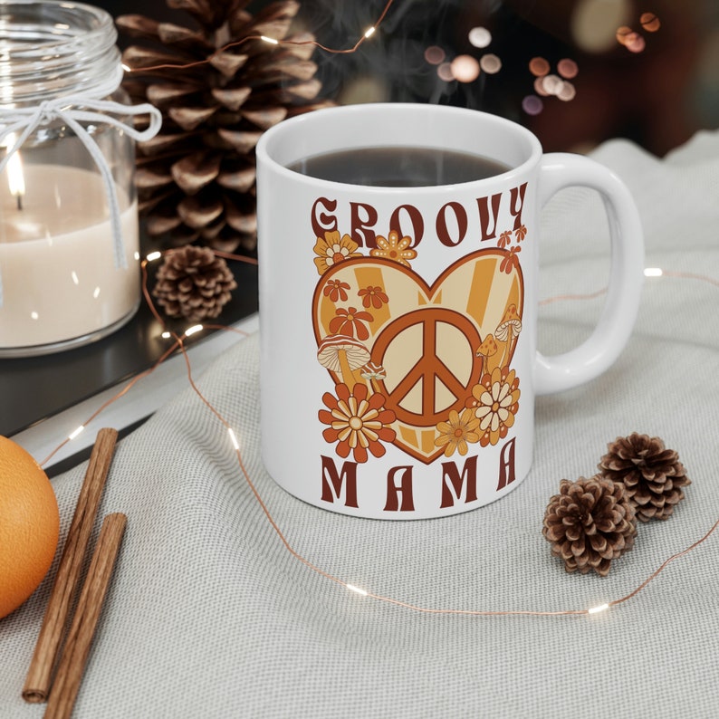 Groovy Mama Coffee Mug, Retro 1970s Coffee Cup, Hippie Mama Mother's Day Gift, Neutral Peace Sign Flower Power Coffee Mug for Trippy Mama image 3