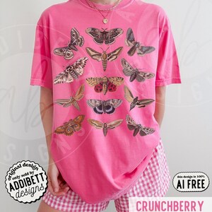 May include: A bright pink short-sleeve t-shirt featuring a graphic print of various moth species in shades of brown, tan, and black. The shirt has a crew neckline and is paired with pink and white gingham patterned shorts.
