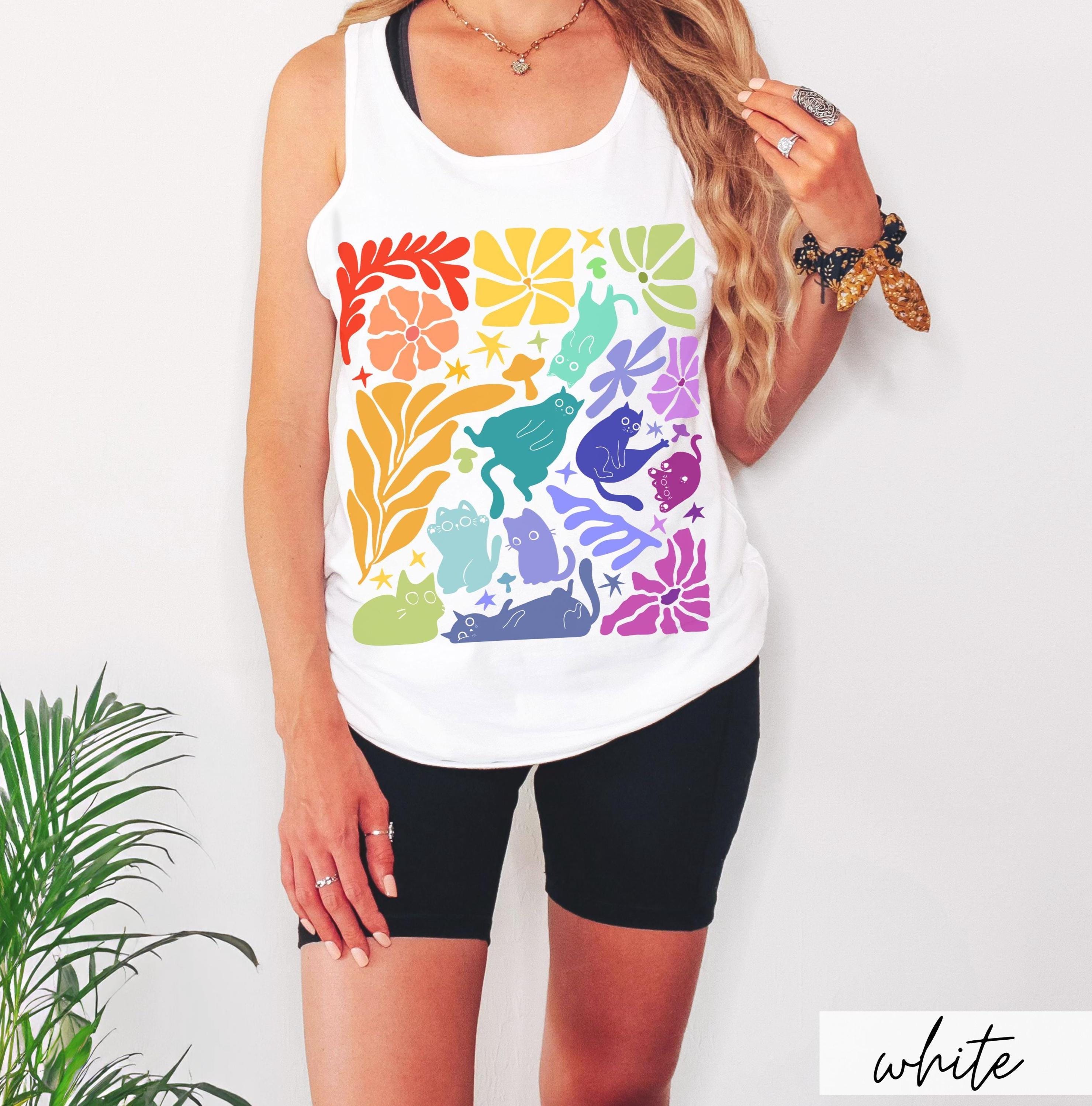 Bella + Canvas Boho Rainbow Cats Tanktop, LGTBQIA+ Pride Cat Lover Tank, Cute Matisse Inspired Queer Pride Kitty Gift Idea for Pride Month