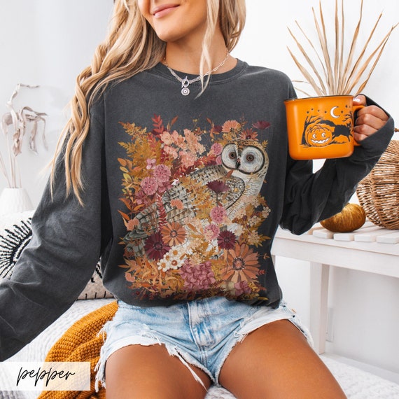 Comfort Colors Owl Long Sleeve Shirt: Cottagecore Autumn Floral Tee