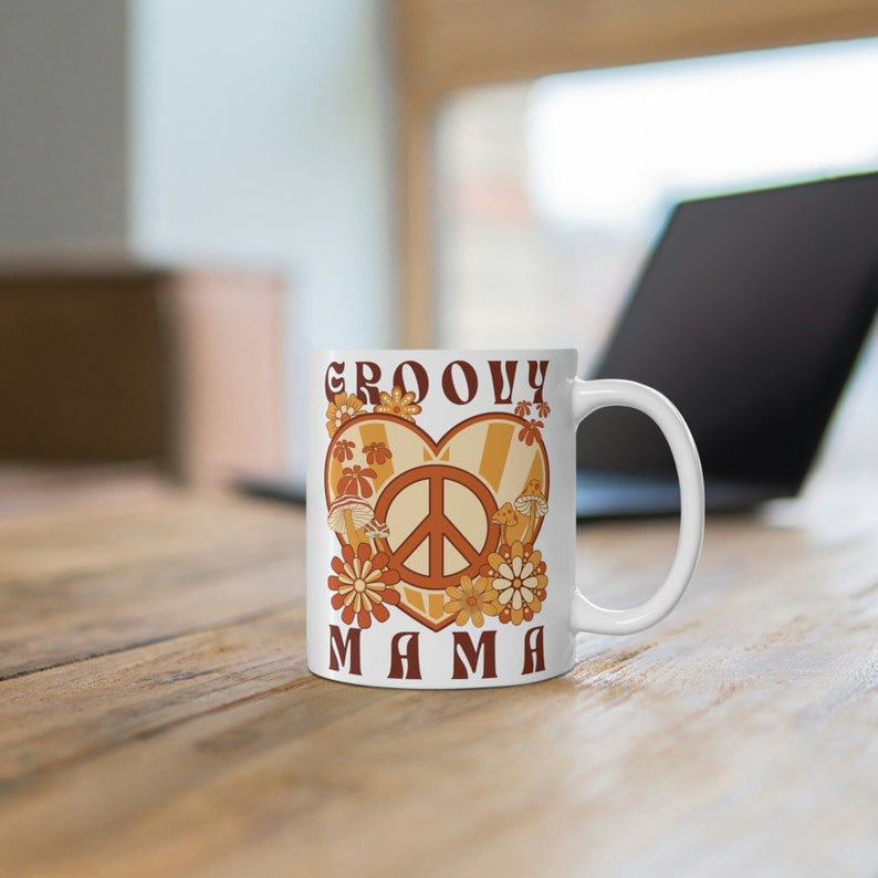 Groovy Mama Coffee Mug, Retro 1970s Coffee Cup, Hippie Mama Mother's Day Gift, Neutral Peace Sign Flower Power Coffee Mug for Trippy Mama image 2