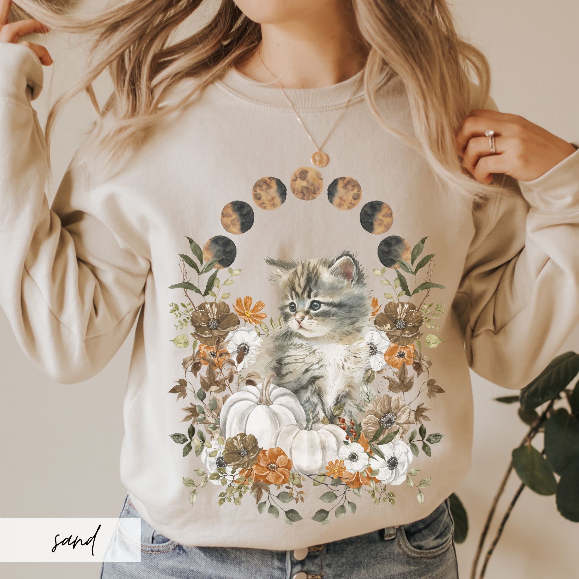 Painted Kitten in Fall Flowers Sweatshirt, Celestial