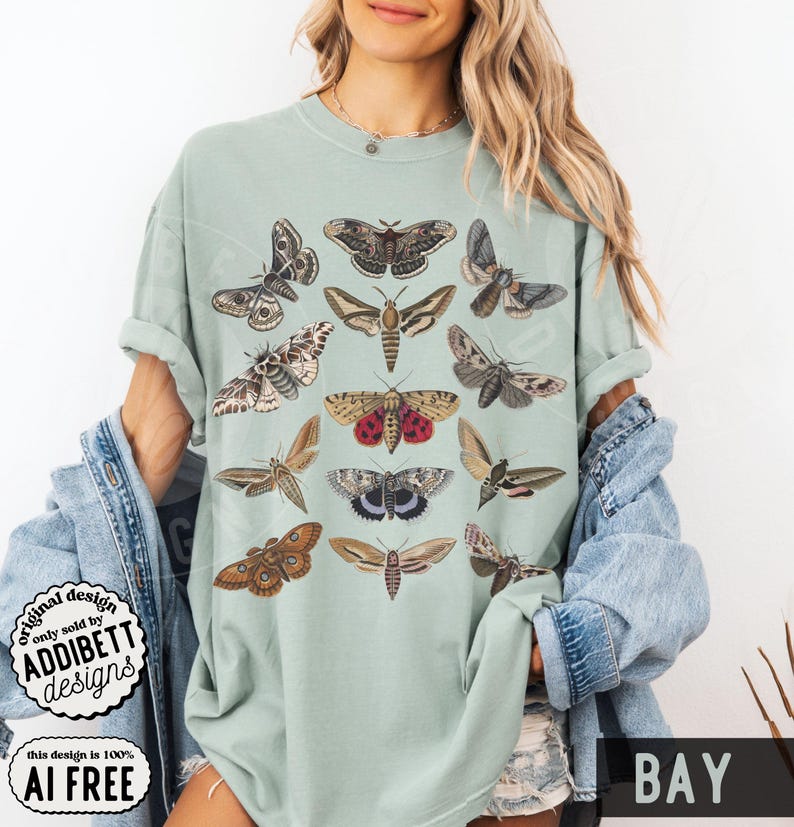 May include: A light sage green t-shirt featuring a graphic print of twelve different moth species arranged in a grid. The moths are depicted in various shades of brown, tan, gray, and cream, with one moth displaying prominent red and black wing patterns.