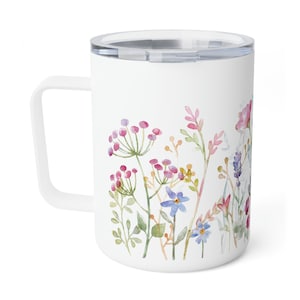 Watercolor Wildflowers Insulated Travel Mug with Lid, Flower Lover Tumbler With Handle, Wrap Around Flowers Coffee Cup, Gift for Mom zdjęcie 5