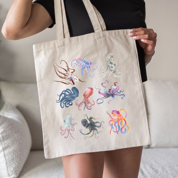 Geschilderde Octopus Tote Bag, Crustaceoncore Boodschappentas, Cephalopod Lover Gift, Diepzeewezens, Mariene Bioloog Gift, Stranddag Tote Bag