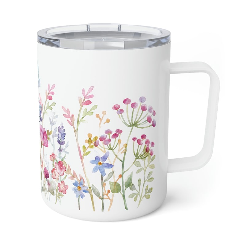 Watercolor Wildflowers Insulated Travel Mug with Lid, Flower Lover Tumbler With Handle, Wrap Around Flowers Coffee Cup, Gift for Mom zdjęcie 6