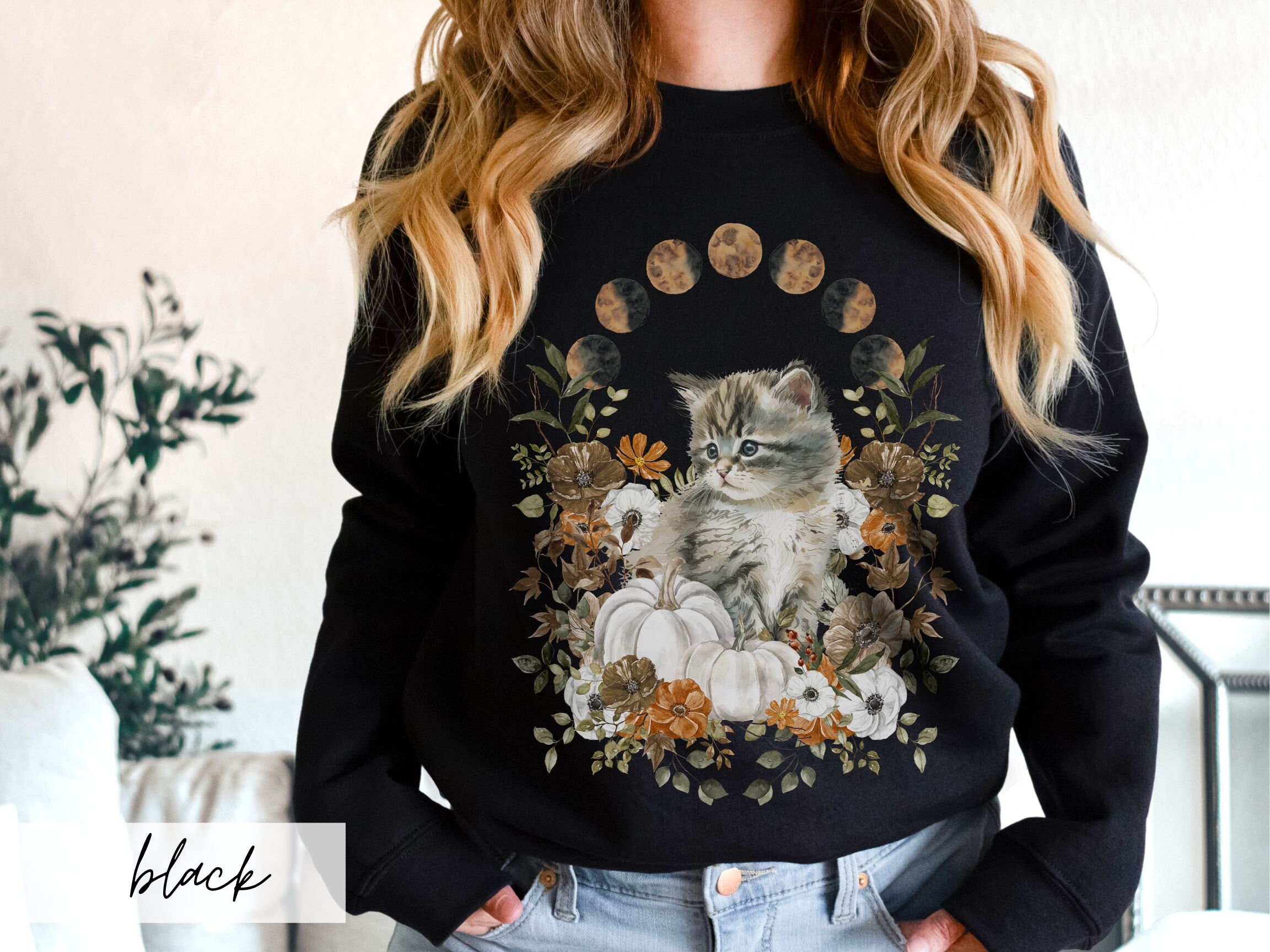 Painted Kitten in Fall Flowers Sweatshirt, Celestial