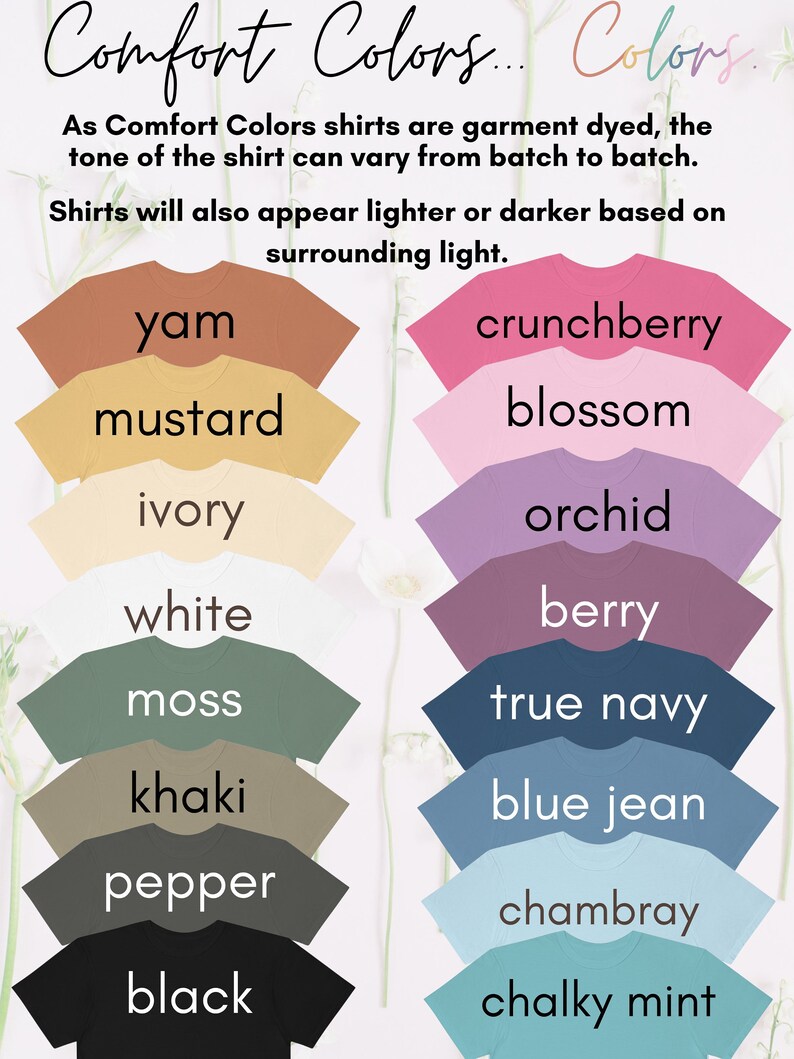 K&ouml;nnte beinhalten: Eine Tabelle, die die Farbm&ouml;glichkeiten f&uuml;r Comfort Colors Shirts zeigt. Die Farben werden in Reihen von drei angezeigt, wobei die Namen der einzelnen Farben unter dem Shirt aufgef&uuml;hrt sind. Die Farben umfassen: Yam, Senf, Elfenbein, Wei&szlig;, Moos, Khaki, Pfeffer, Schwarz, Crunchberry, Bl&uuml;te, Orchidee, Beere, Dunkelblau, Jeansblau, Chambray und Kreide-Minze.