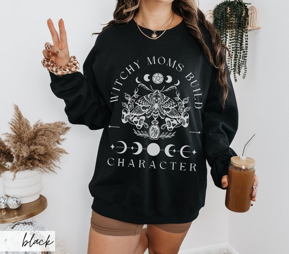 Witchy Moms Build Character Sweater, Goth Aesthetic Mystical Mama Death Moth Lover Gift Idea, Witchy Mama Mother's Day Gift for Spooky Mom