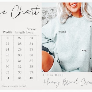 K&ouml;nnte beinhalten: Eine Gr&ouml;&szlig;entabelle f&uuml;r ein Heavy Blend Crewneck Sweatshirt mit Ma&szlig;en in Zoll. Die Tabelle listet die Gr&ouml;&szlig;en S bis 5XL mit den entsprechenden Breiten-, L&auml;ngen- und &Auml;rmell&auml;ngenma&szlig;en auf. Das Sweatshirt ist ein Gildan 18000.