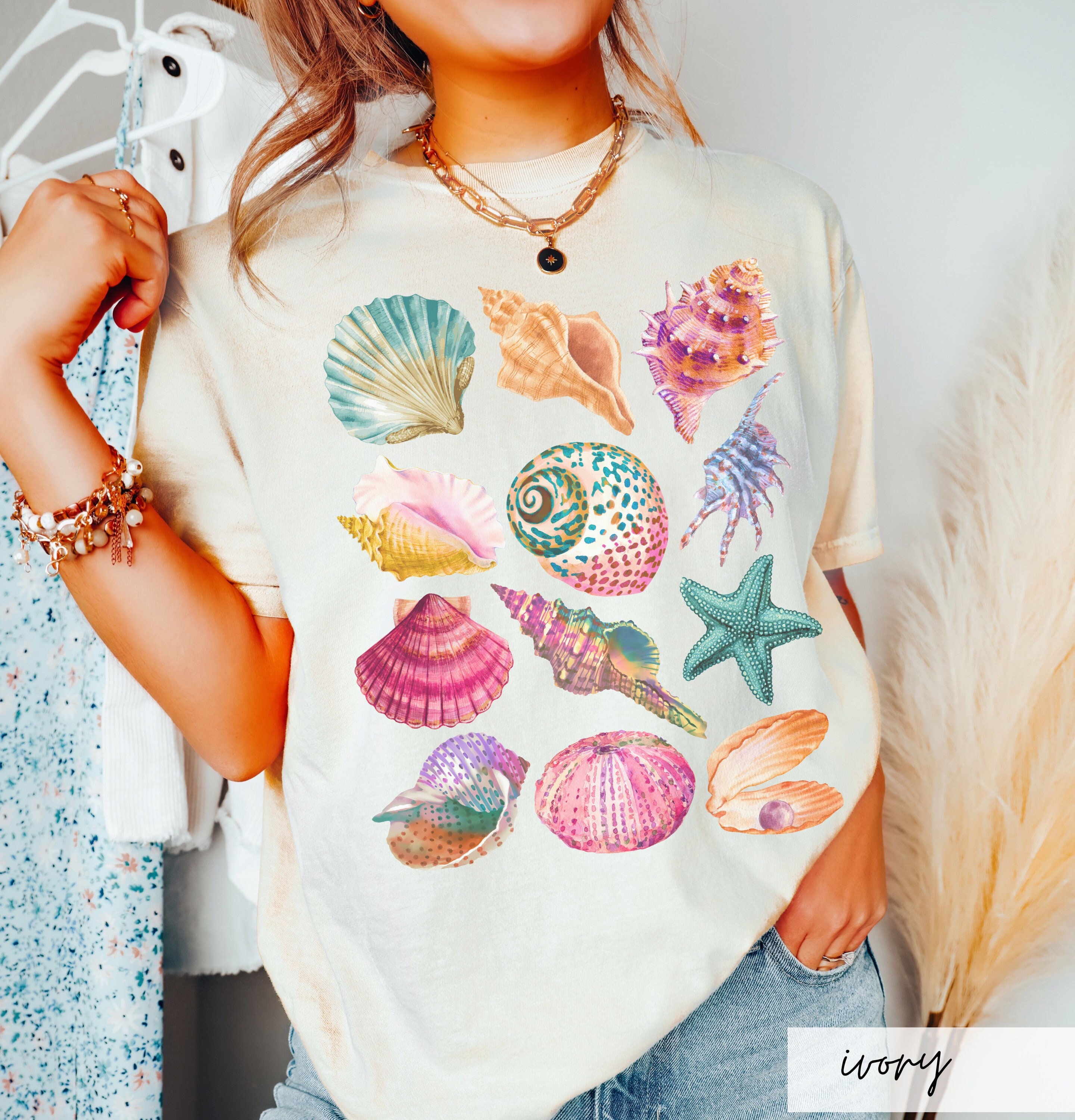 Comfort Colors Seashell Shirt, Colorful Beach Day Shell Lover Vacation Shirt, Cute Mollusk Summer Beach Shell Lover Starfish Gift Idea